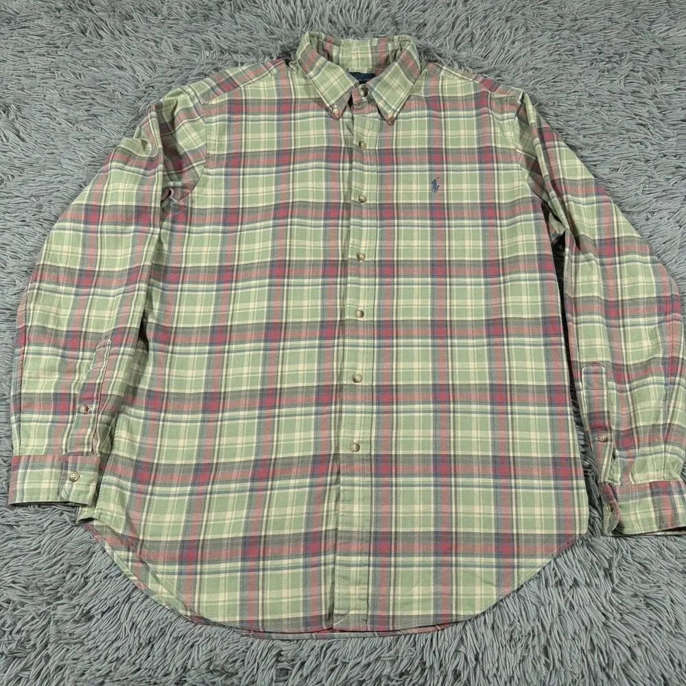 Polo Ralph Lauren Shirt Large Green Blue Button Down Plaid Classic Fit Mens